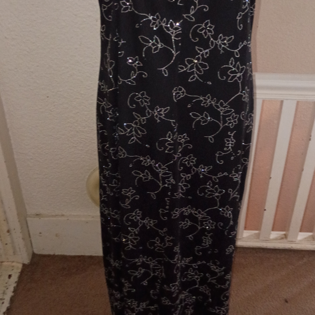 Vintage 80's Black Floral Sparkle Maxi Dress Xl 13 Formal Elegant Romantic Gown